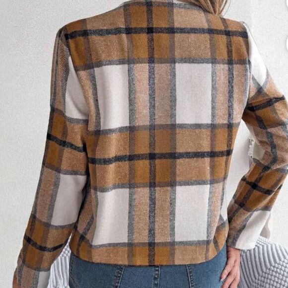 Women’s Plaid Khaki Crop Shacket Notch Collar Jacket Size XL New - Picture 2 of 10